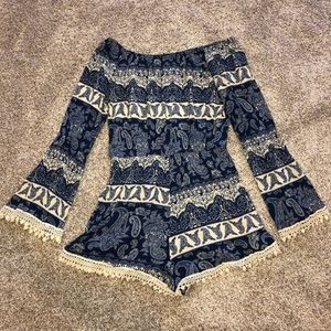 Blue and White Romper With Lace